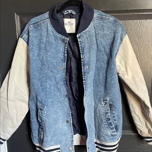 Hollister Denim and Beige Men's Bomber Jacket